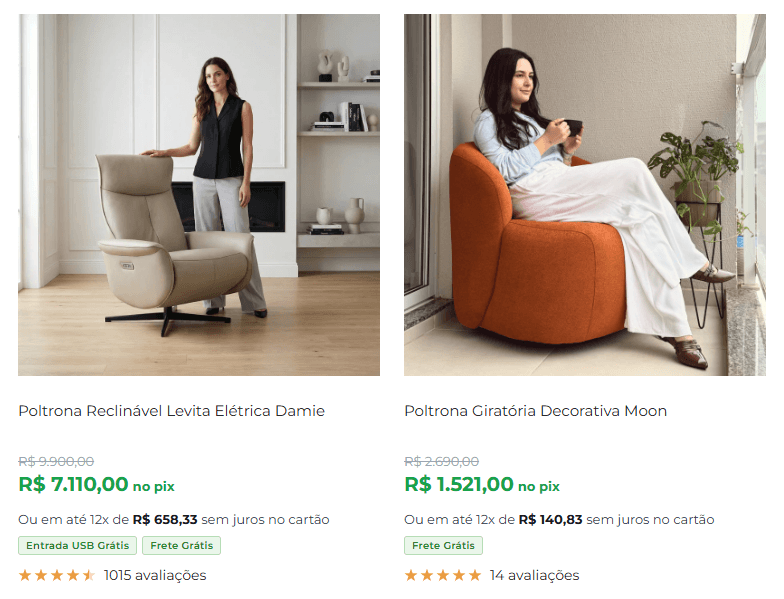 Tela do site da Damie mostrando a escolha do produto.