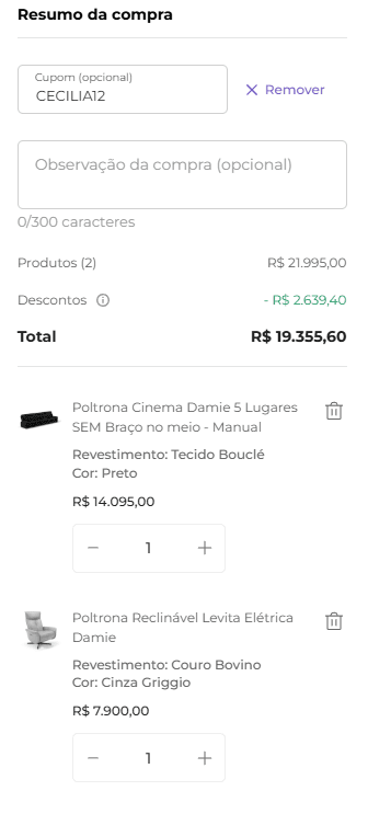 Resumo do pedido da Damie com desconto aplicado.