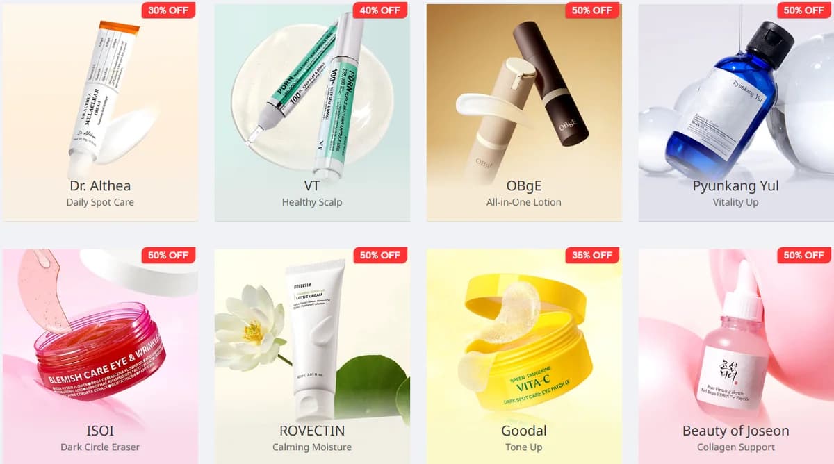 Seleção de produtos de K-beauty e cosméticos coreanos em promoção na YesStyle.