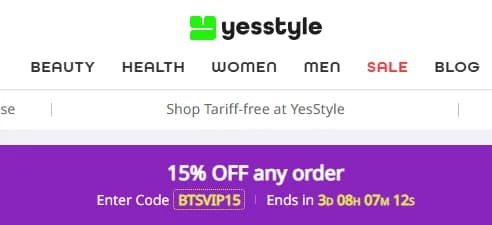 Página inicial oficial da YesStyle mostrando exemplo de cupom promocional.