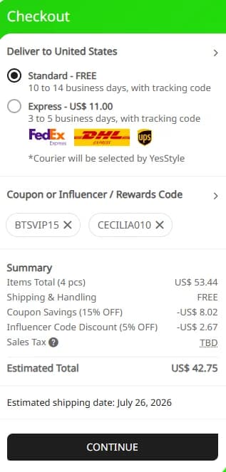 Resumo final do pedido na YesStyle com os descontos acumulados.