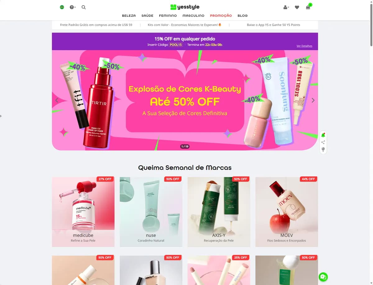 Página inicial da YesStyle em português com banner de promoção de K-beauty e produtos em destaque.