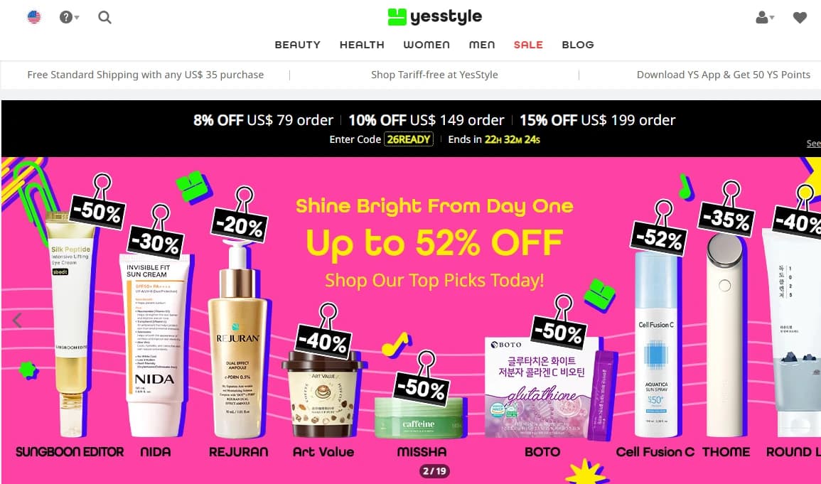 YesStyle公式サイトのメイン画面とプロモ