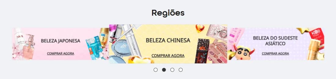 Seção de regiões da YesStyle com categorias de beleza japonesa, beleza chinesa e beleza do sudeste asiático.