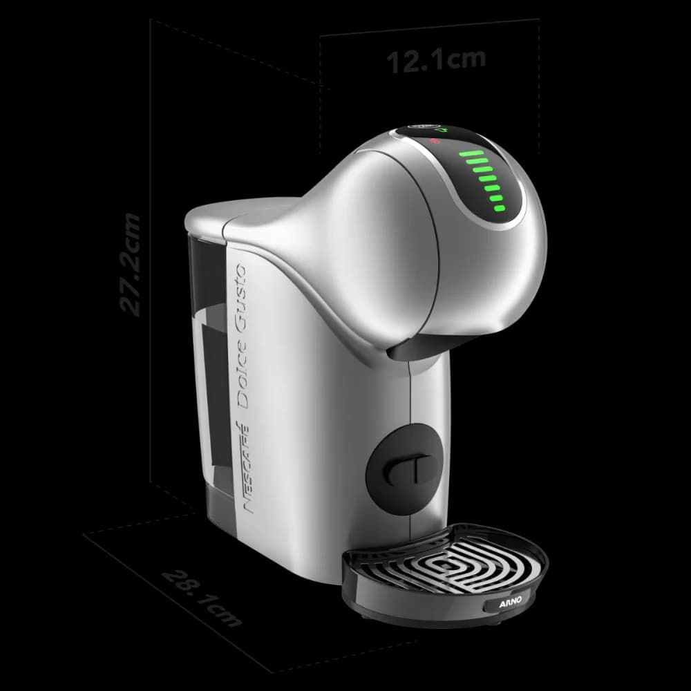 Esquema oficial de dimensões da NESCAFÉ Dolce Gusto Genio S Touch: 27,2 cm de altura, 12,1 cm de largura e 28,1 cm de profundidade