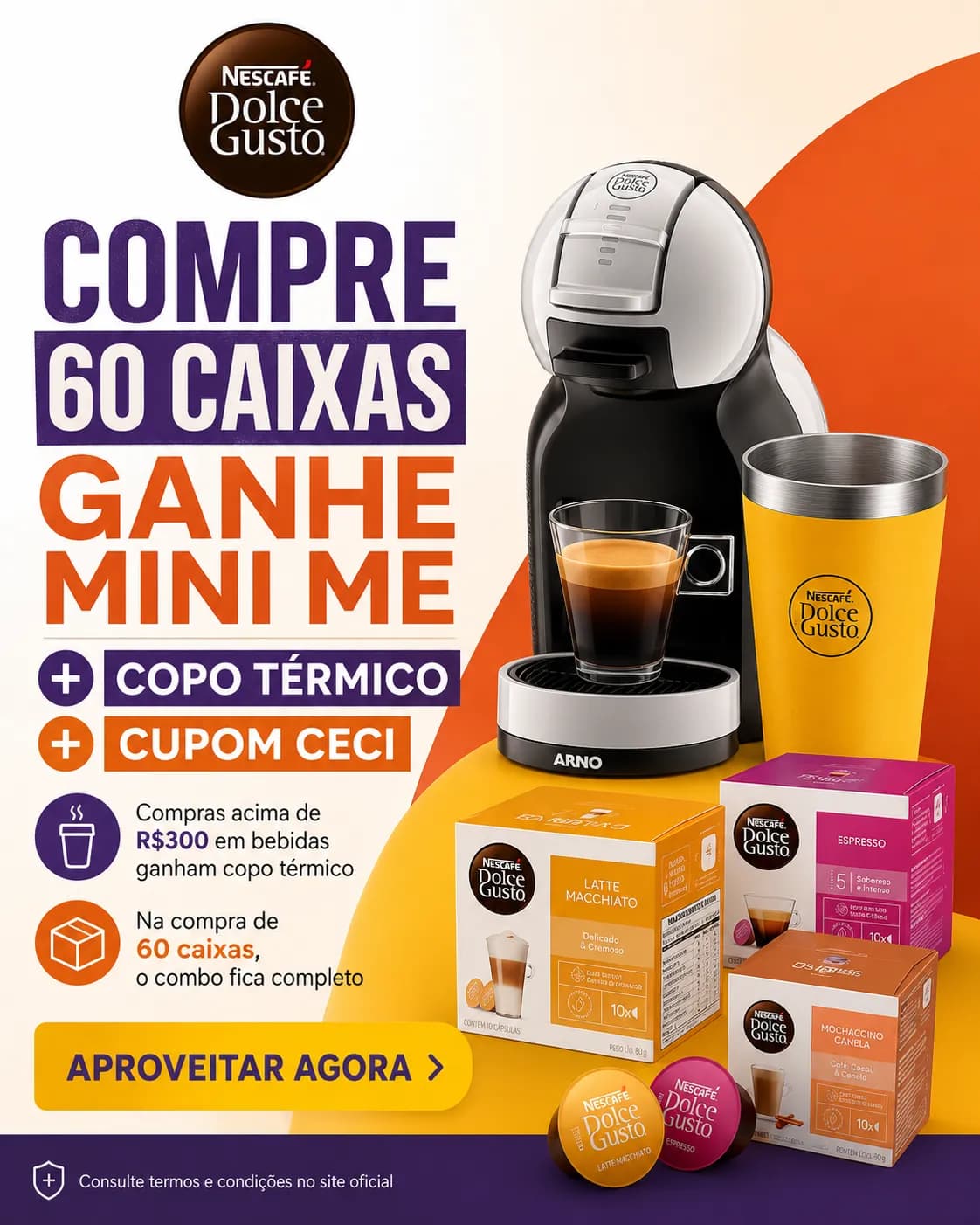Arte promocional da Dolce Gusto 55 caixas e Mini Me grátis - 1