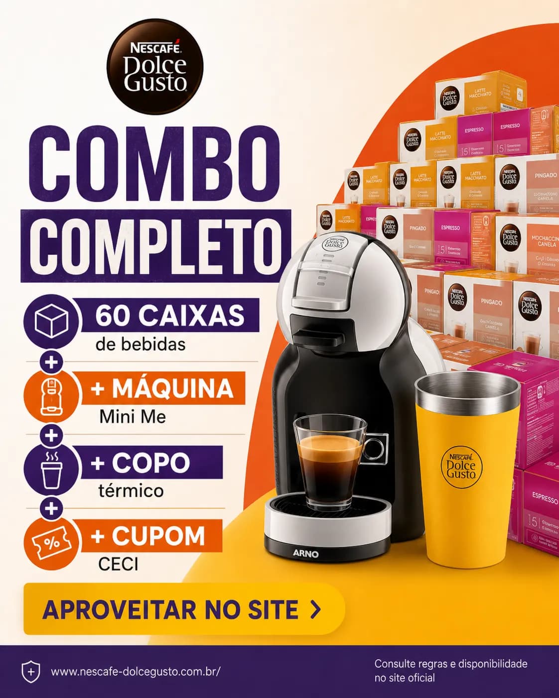 Arte promocional da Dolce Gusto 55 caixas e Mini Me grátis - 5