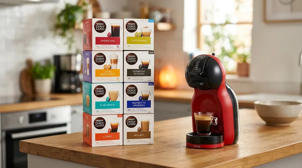 Arte da promoção Dolce Gusto com 55 caixas de cápsulas e máquina Mini Me grátis