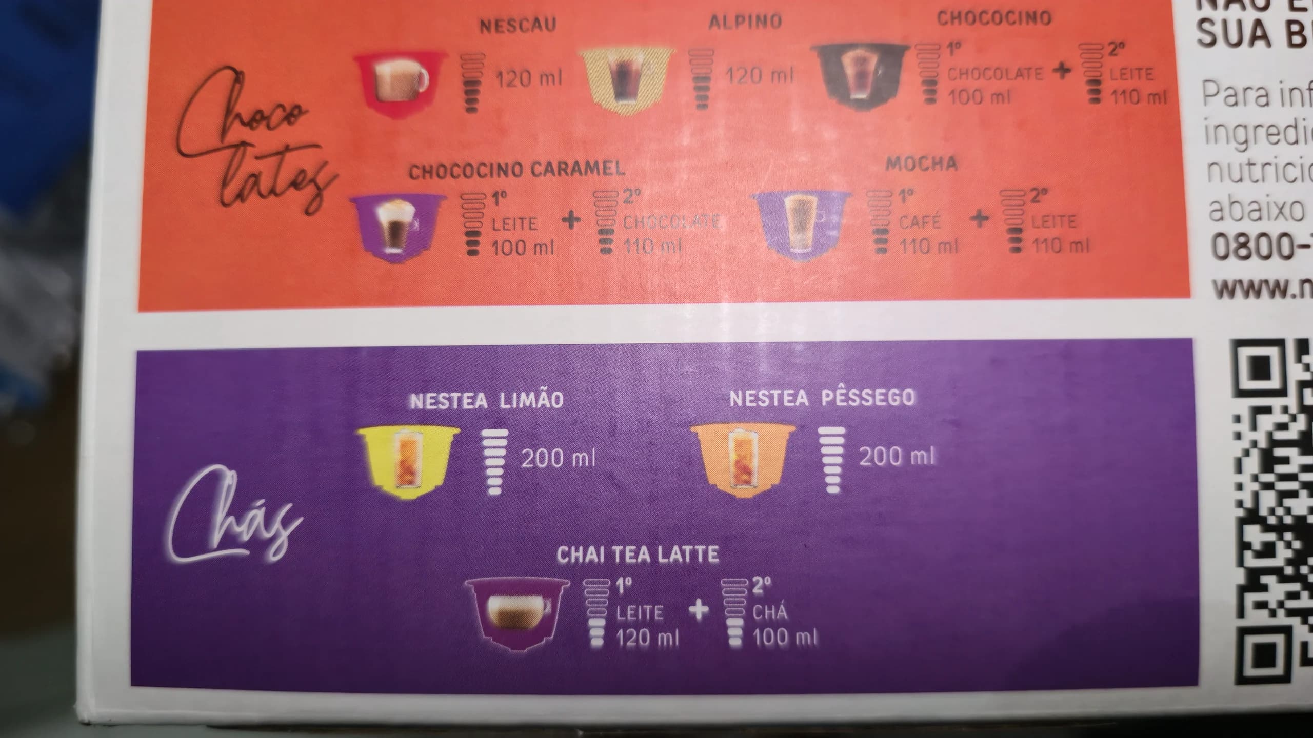 Tabela impressa em uma embalagem Dolce Gusto com os volumes de chocolates, mochas e chás