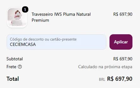 Inserindo o cupom CECIEMCASA no campo de desconto.