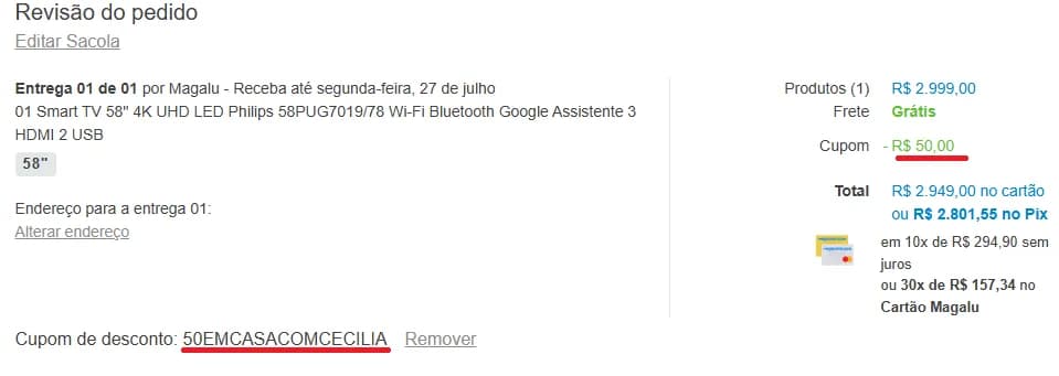 Campo de cupom com desconto aplicado no checkout