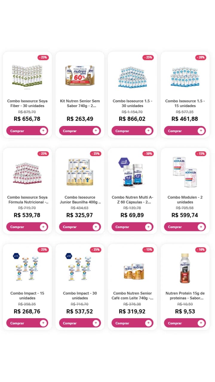 Vitrine da loja oficial Nestlé Nutre com produtos e opções de compra