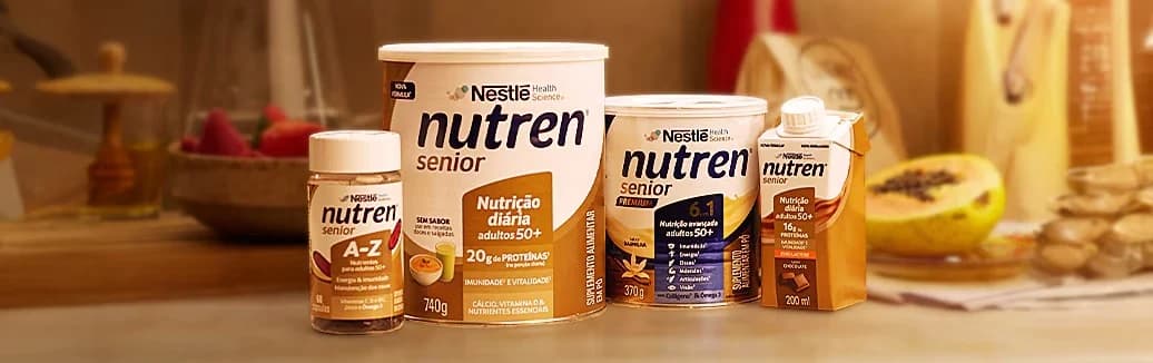 Linha Nutren Senior: cápsulas A-Z, lata 740g, lata 370g Premium 6.1 e versão pronta para beber, produtos oficiais da Nestlé Nutre