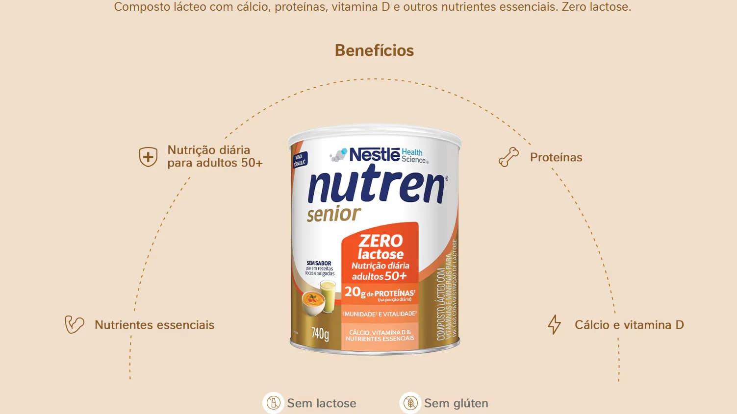 Lata de Nutren Senior Zero Lactose Sem Sabor 740 g com os benefícios declarados pela marca: nutrição diária para adultos 50+, proteínas, cálcio, vitamina D e nutrientes essenciais