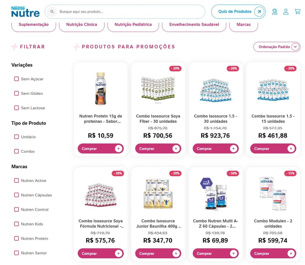 Página de produtos e promoções do site oficial da Nestlé Nutre.