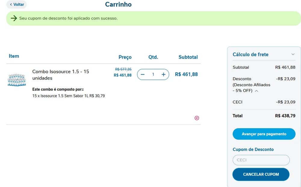 Carrinho da Nestlé Nutre mostrando o cupom CECI aplicado com sucesso e o desconto de 5% no resumo do pedido.