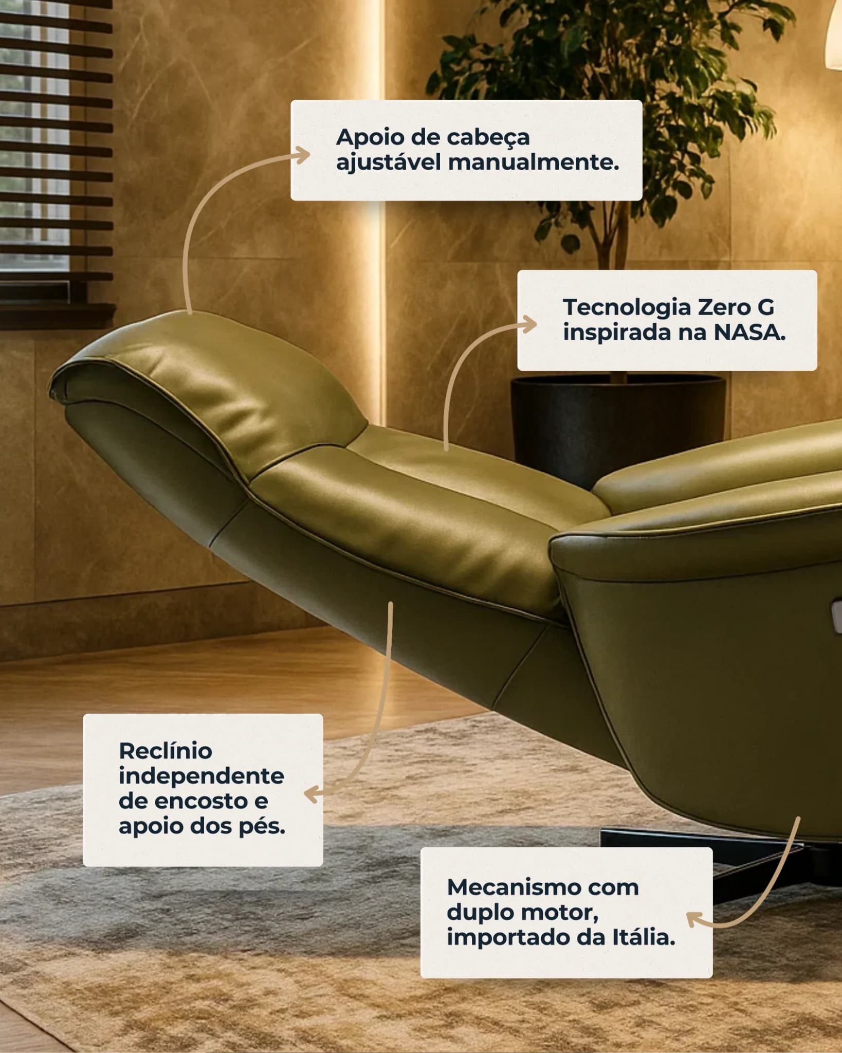 Destaques da Poltrona Levita com reclinação elétrica e apoio ajustável.