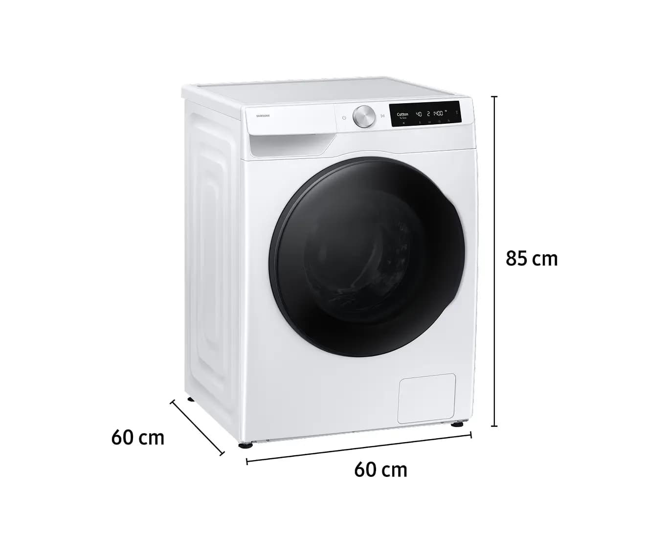 Esquema técnico com as dimensões oficiais da Samsung WD13FG: 600 x 850 x 600 mm