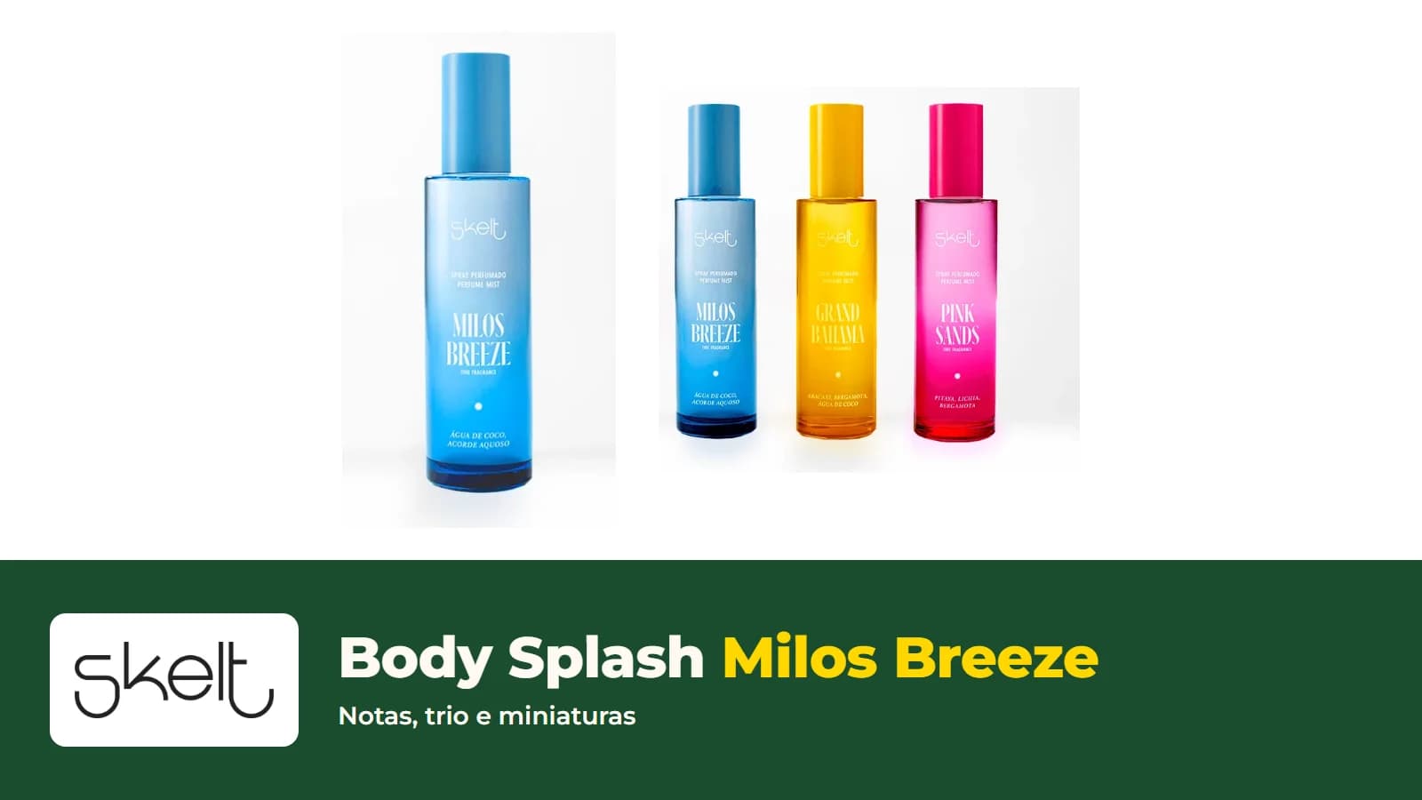 Frasco azul do Body Splash Milos Breeze da Skelt, com o logo da loja