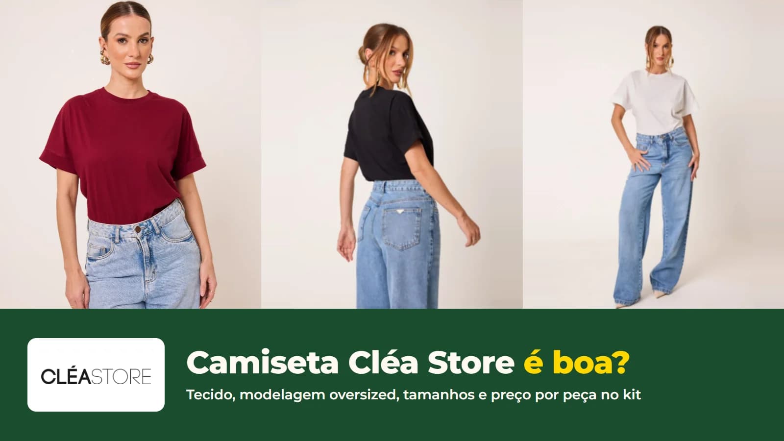 Modelo com as camisetas oversized da Cléa Store em bordô, preto e off white, fotos oficiais da loja