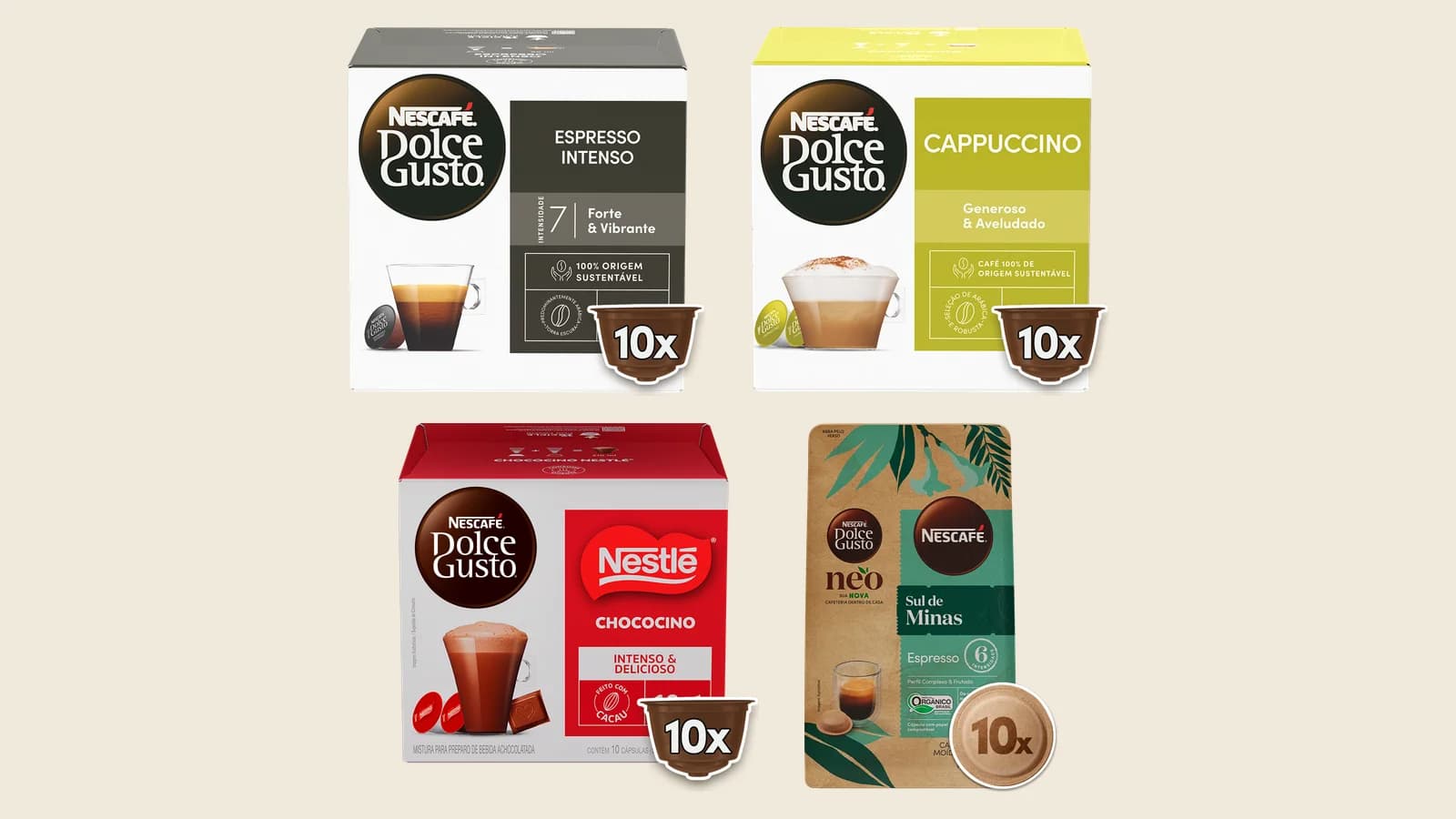 Caixas de cápsulas Dolce Gusto Espresso Intenso, Cappuccino, Chococino Nestlé e NEO Espresso Sul de Minas sobre fundo claro, em fotos oficiais da loja