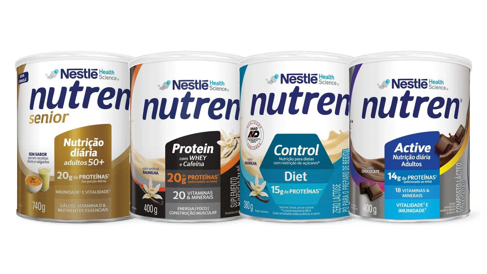 Latas de Nutren Senior Sem Sabor 740 g, Nutren Protein Baunilha 400 g, Nutren Control Baunilha 380 g e Nutren Active Chocolate 400 g lado a lado