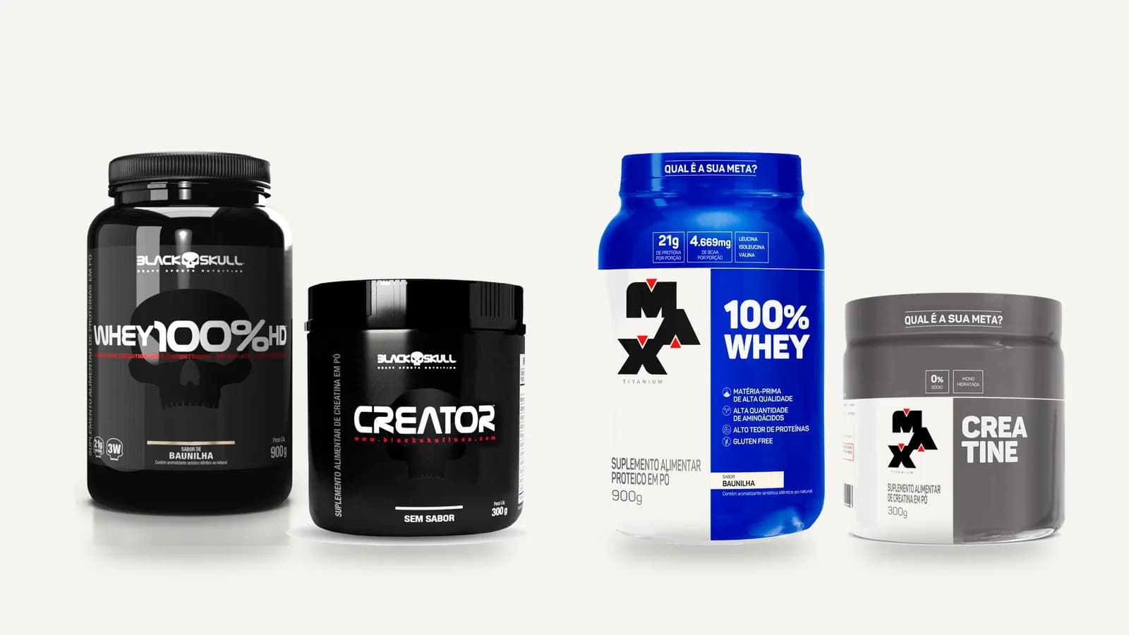 Montagem com fotos oficiais de produto das duas lojas: Whey 100% HD e Creator, da Black Skull, à esquerda, e 100% Whey e Creatina 300 g, da Max Titanium, à direita
