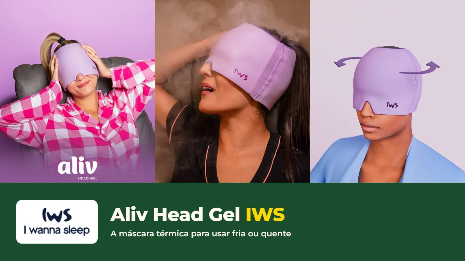 Máscara térmica Aliv Head Gel IWS em três fotos oficiais: sobre os olhos, em uso quente e cobrindo a cabeça inteira