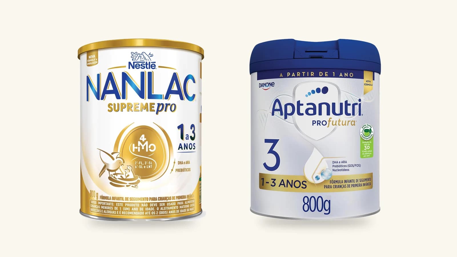 Latas de 800 g do Nanlac Supreme Pro, da Nestlé, e do Aptanutri Profutura 3, da Danone, fórmulas infantis de 1 a 3 anos, lado a lado