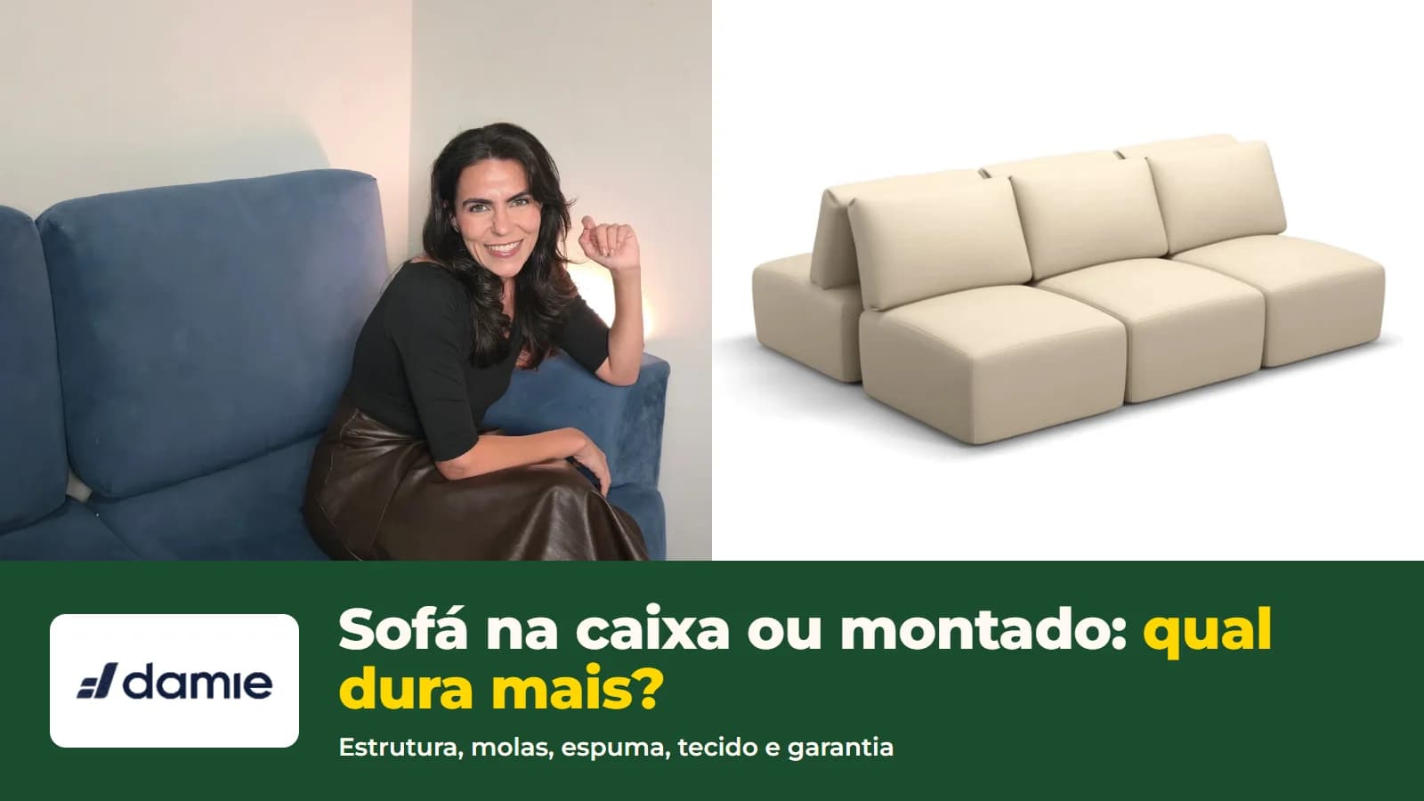 Cecília sentada no sofá modular azul da Damie, ao lado da foto oficial do modular bege