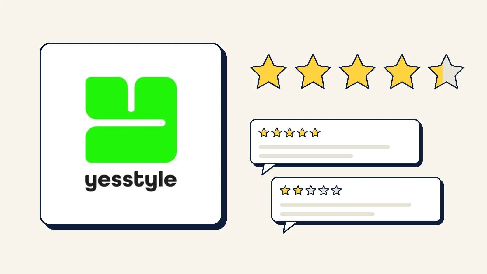 Logo de YesStyle y cinco estrellas rellenas hasta la calificación 4,4 de Trustpilot, leída el 28 de octubre de 2026