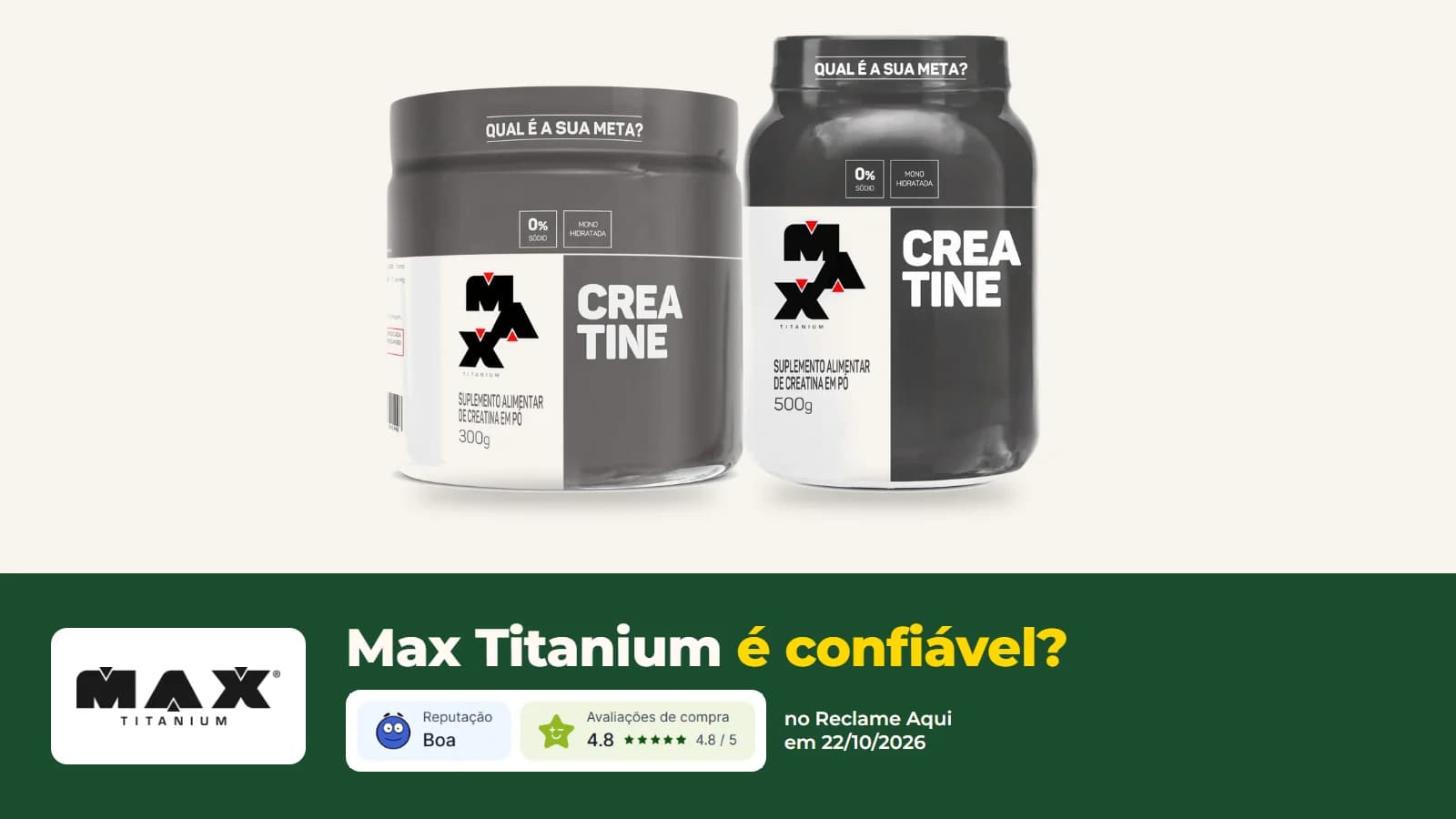 Creatina da Max Titanium em embalagens de 300 g e 500 g, com o logo da loja e os selos do perfil no Reclame Aqui em 22/10/2026: reputação Boa e avaliações de compra 4,8