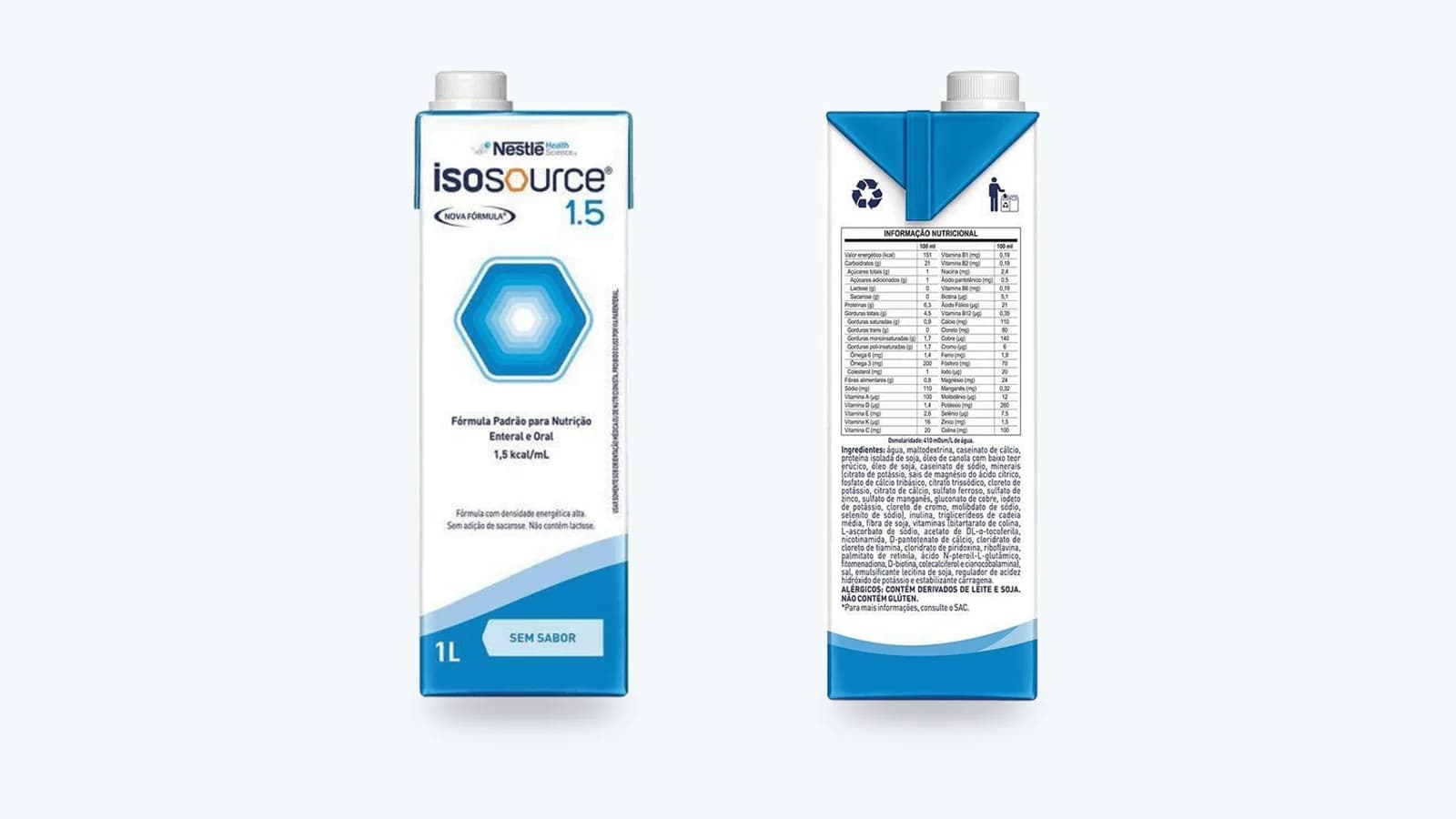 Frente e verso da caixa de 1 L do Isosource 1.5 Sem Sabor, fórmula padrão para nutrição enteral e oral com 1,5 kcal/mL