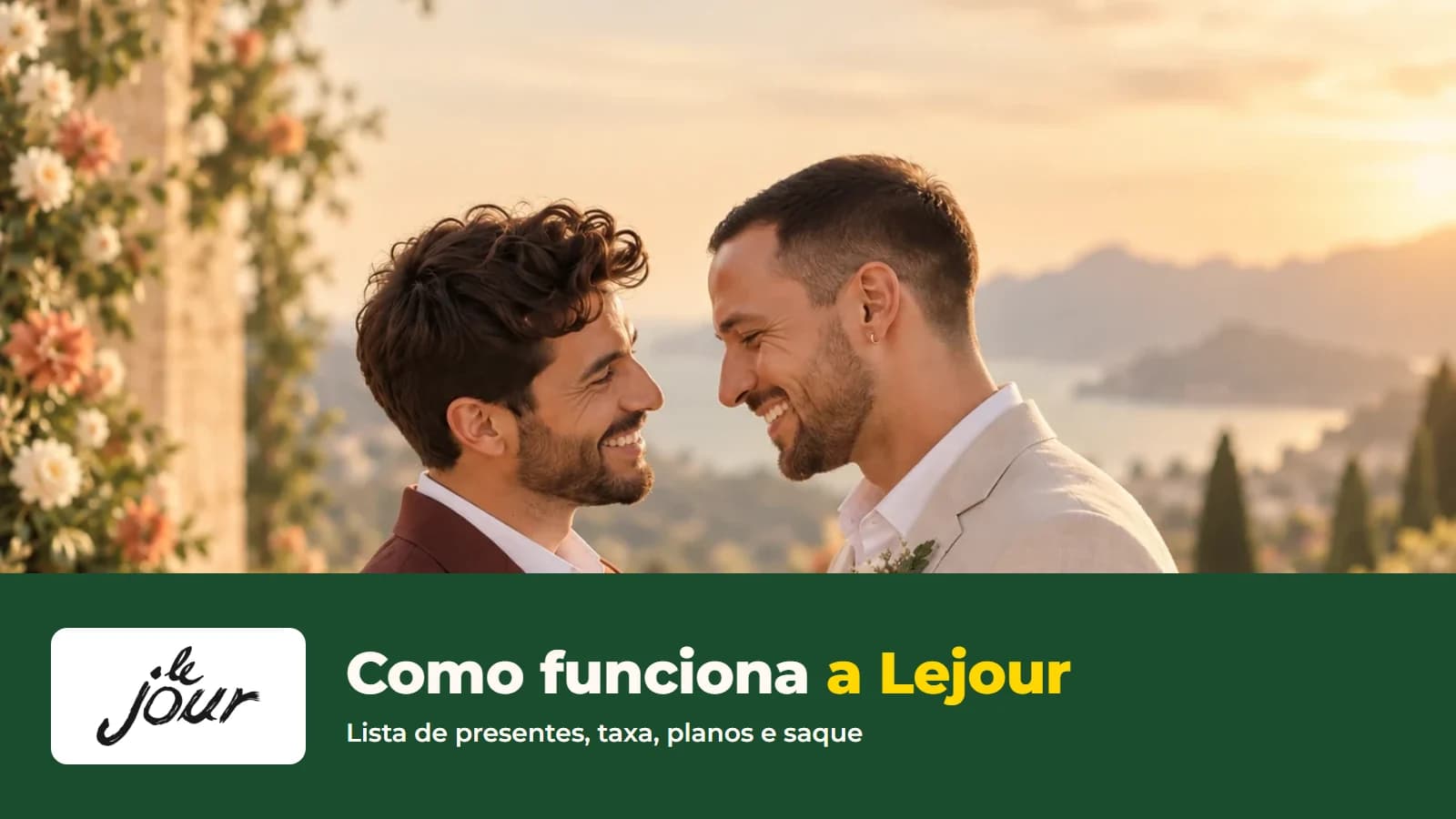 Dois noivos sorrindo num terraço com flores, foto do site da Lejour, com o logo da Lejour e o título Como funciona a Lejour