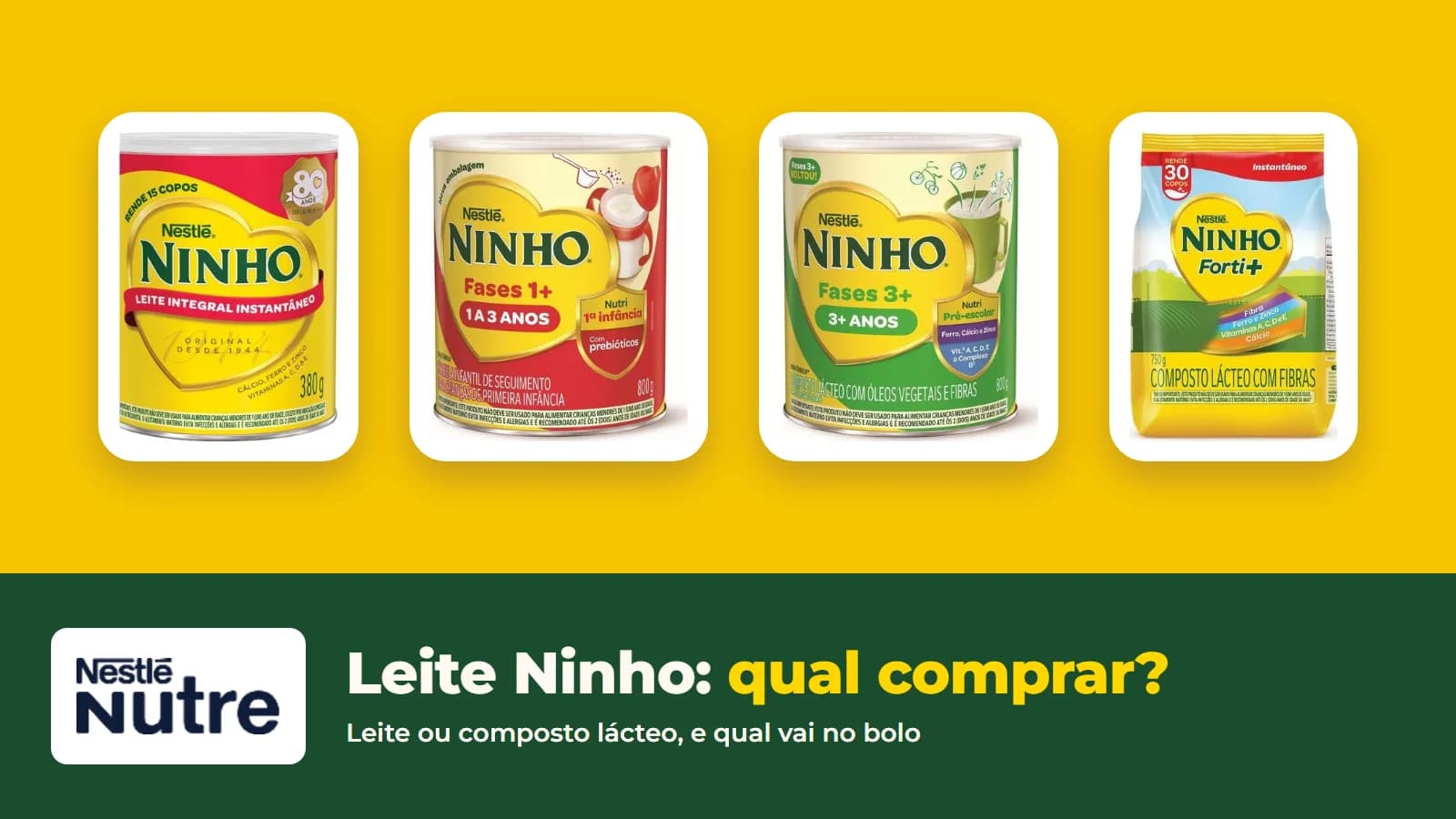 Fotos oficiais da Nestlé: latas de Ninho Integral Instantâneo, Ninho Fases 1+ e Ninho Fases 3+ e o pacote de Ninho Forti+ composto lácteo com fibras
