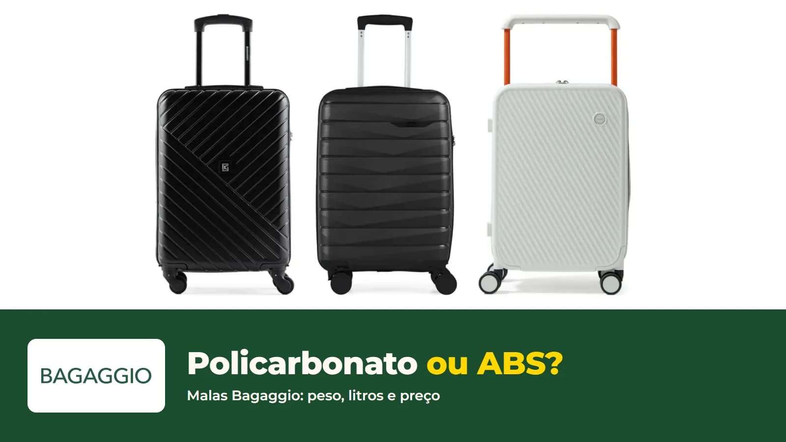 Mala de bordo de policarbonato Bahamas Branca, vendida pela Bagaggio, em foto oficial da loja, com o logo da Bagaggio
