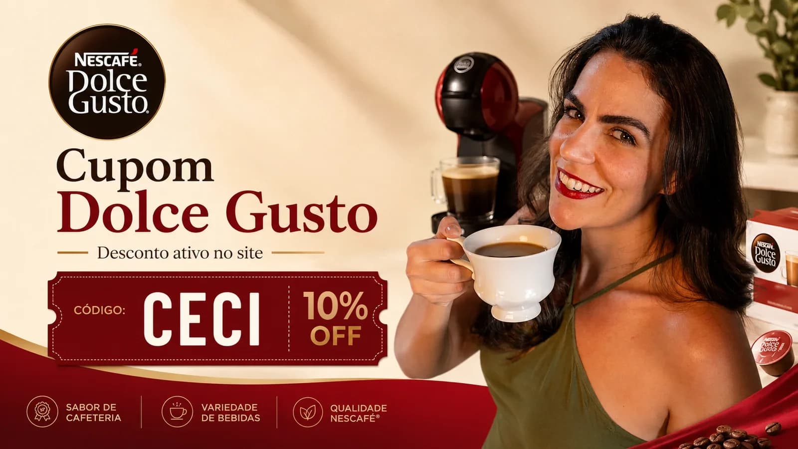 Cecília toma café ao lado de uma cafeteira NESCAFÉ Dolce Gusto, com a arte Cupom Dolce Gusto: código CECI, 10% OFF