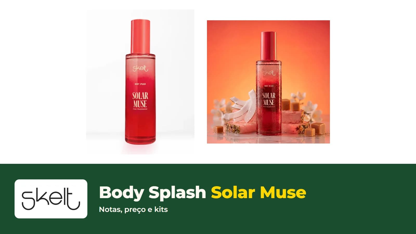 Frasco vermelho do Body Splash Solar Muse da Skelt, com o logo da loja