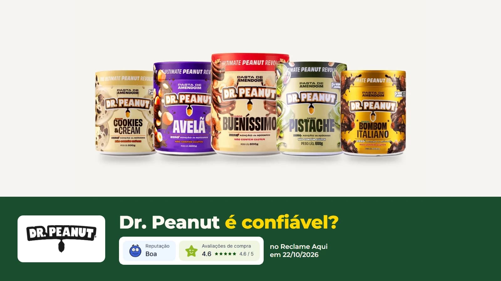 Cinco potes de pasta de amendoim Dr. Peanut em sabores diferentes, com o logo da loja e os selos do perfil no Reclame Aqui em 22/10/2026: reputação Boa e avaliações de compra 4,6